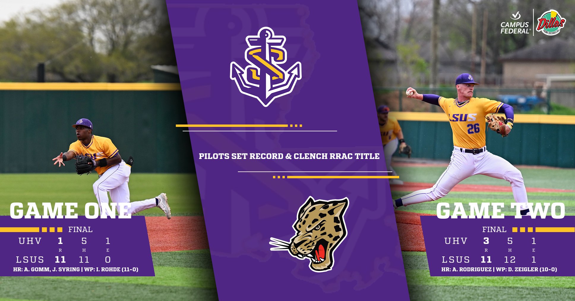 LSUS Sweeps UHV in Doubleheader, Clinches RRAC Title and Breaks NAIA Win Streak Record